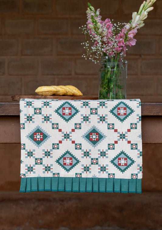 Thinnai 100% Cotton Ethnic Printed Green and Red Table Runner