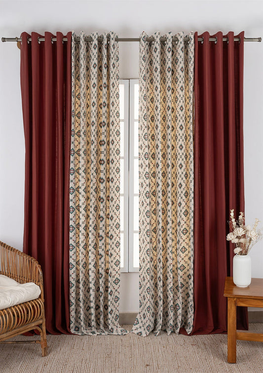 Crimson Red Plain Room Darkening Curtain & Thinnai Ethnic Printed - 100% Cotton for Living Room & Bedroom - Pack of 4