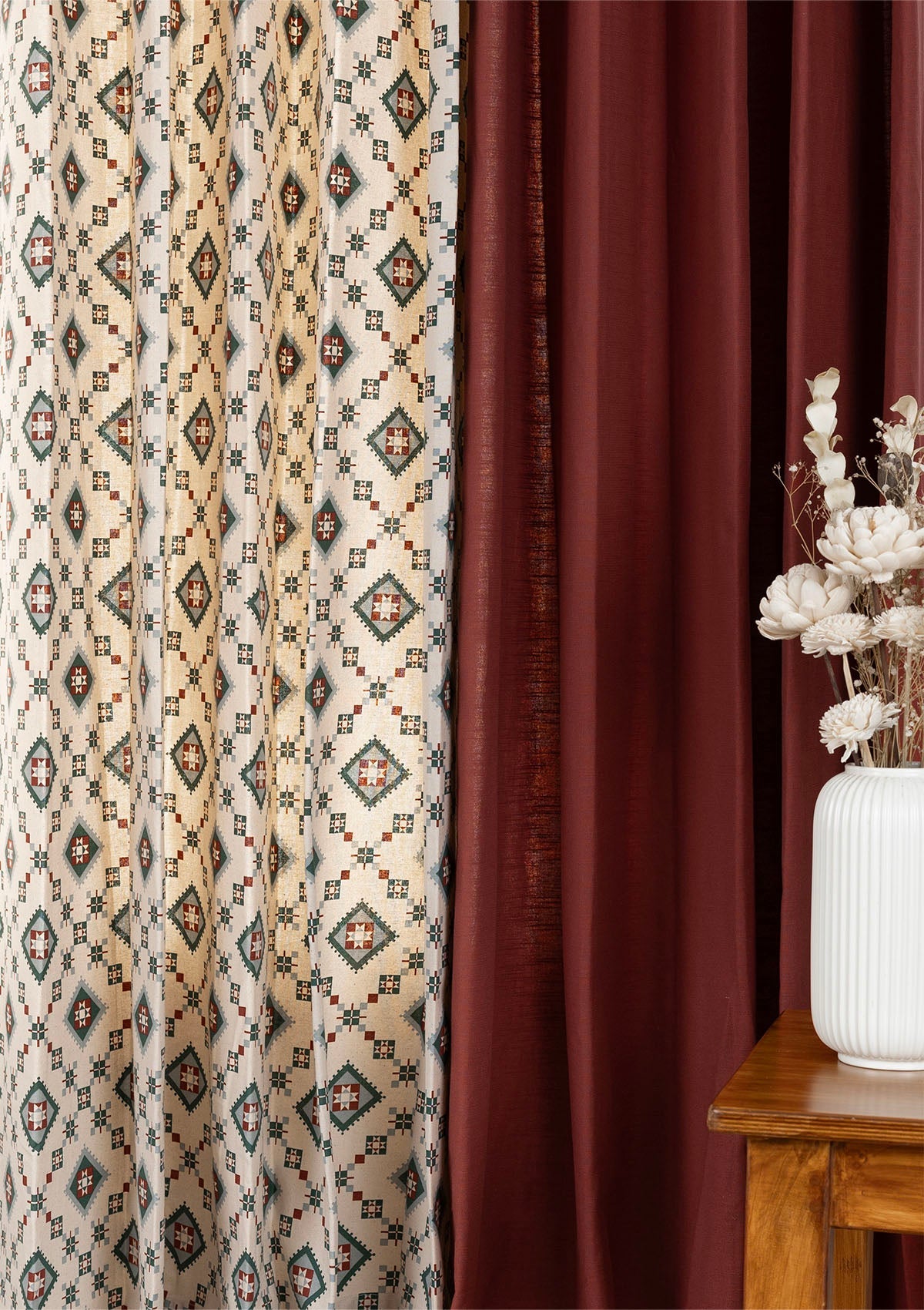 Crimson Red Plain Room Darkening Curtain & Thinnai Ethnic Printed - 100% Cotton for Living Room & Bedroom - Pack of 4