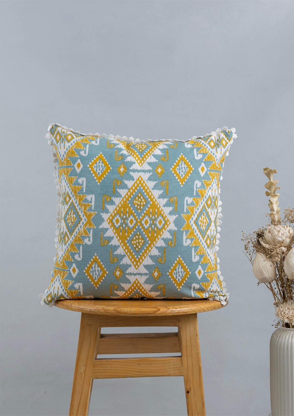 Tura Embroidered & Topaz Printed  100% Cotton Cushion Covers for Sofa - Blue and Yellow - Pack of 2