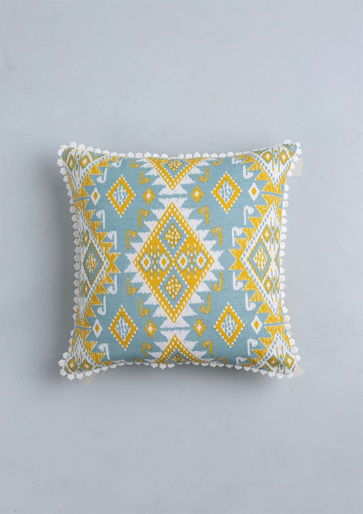 Topaz 100% Cotton Printed Blue and Yellow Cushion Cover - 16"