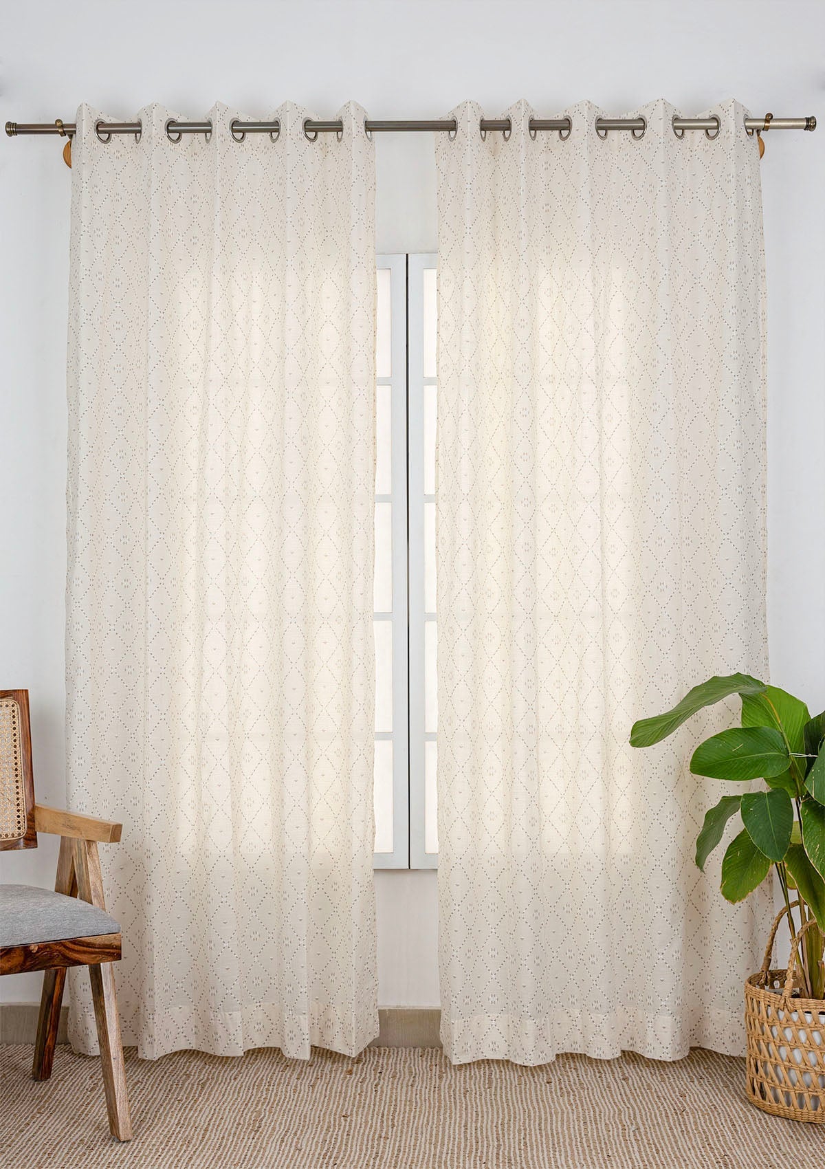 Truffle Brown Geometric Printed 100% Cotton Sheer Curtain For Living Room | Light Reduction | Single Piece