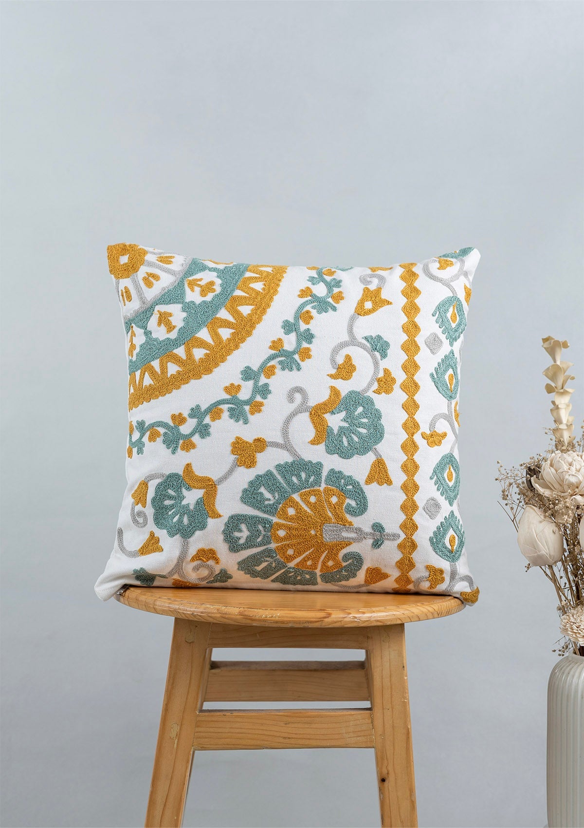 Tura 100% Cotton Embroidered Blue and Yellow Cushion Cover - 16"