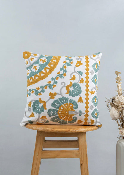 Tura 100% Cotton Embroidered Blue and Yellow Cushion Cover - 16"