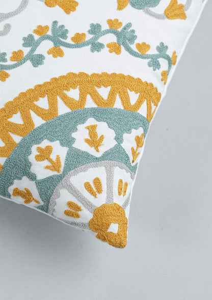 Tura 100% Cotton Embroidered Blue and Yellow Cushion Cover - 16"