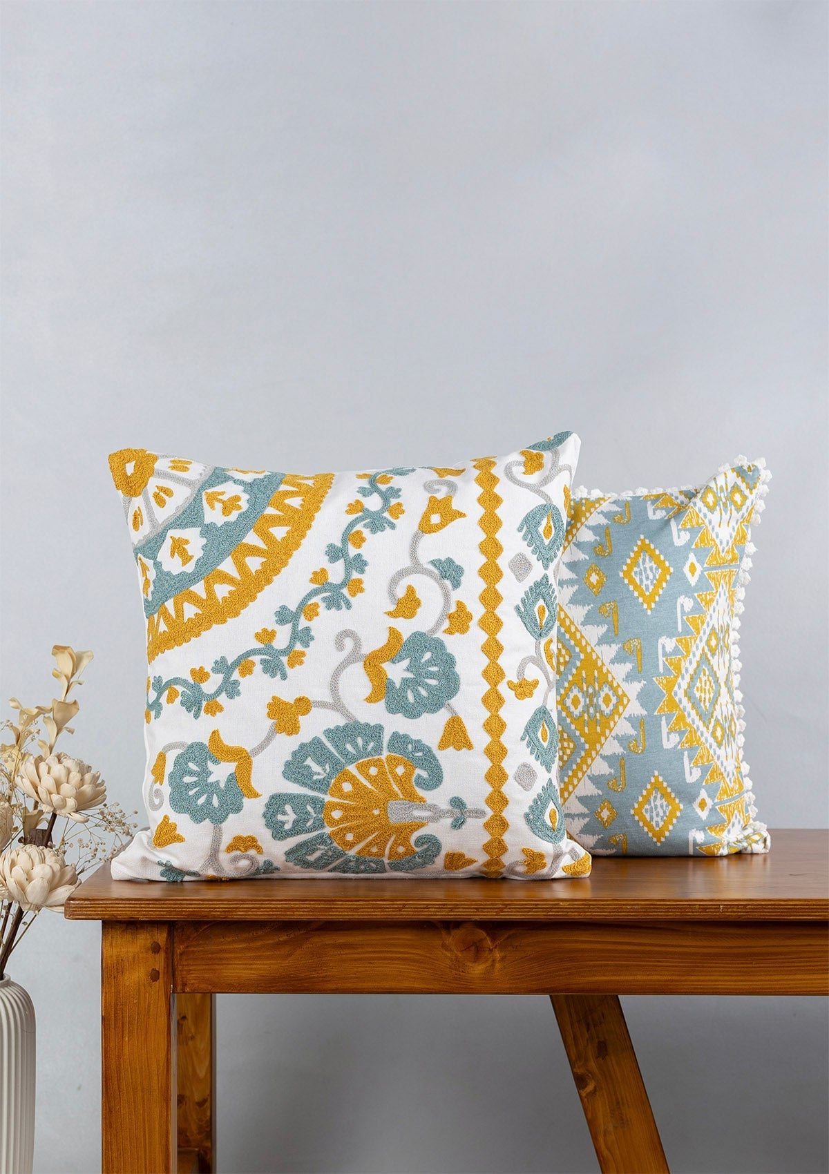 Tura Embroidered & Topaz Printed  100% Cotton Cushion Covers for Sofa - Blue and Yellow - Pack of 2