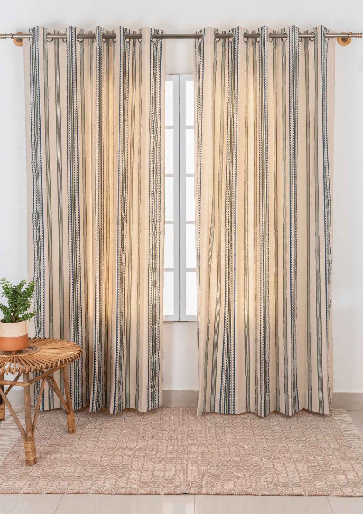 Roman Stripes 100% cotton geometric curtain for bed room - Room darkening - Pepper Green and Night Blue - Single Piece