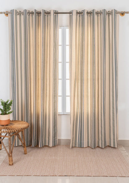 Roman Stripes 100% cotton geometric curtain for bed room - Room darkening - Pepper Green and Night Blue - Single Piece