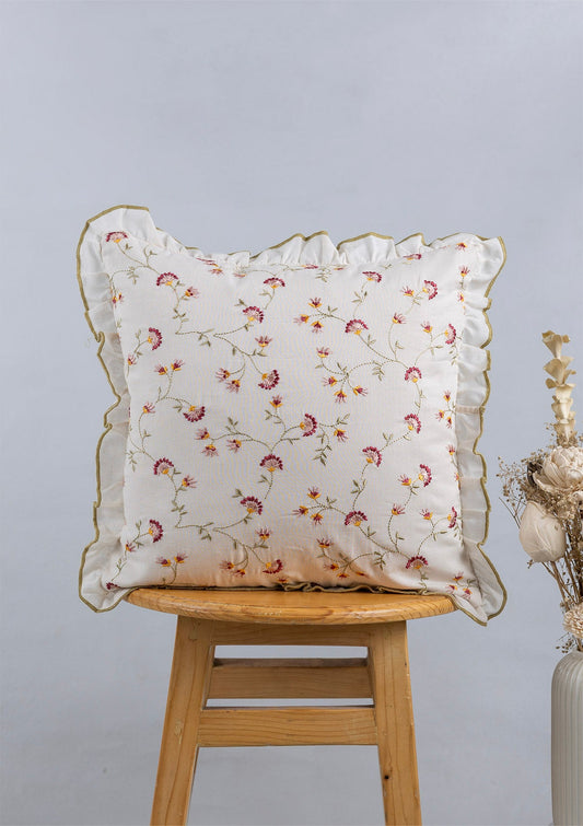 Vaanya 100% Cotton Sheer Embroidered Green and Pink Cushion Cover - 16"