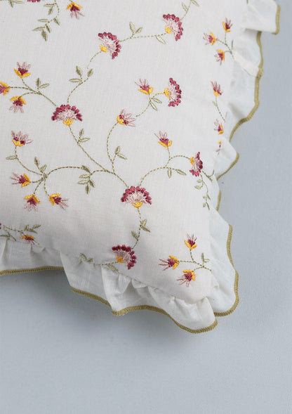 Vaanya 100% Cotton Sheer Embroidered Green and Pink Cushion Cover - 16"