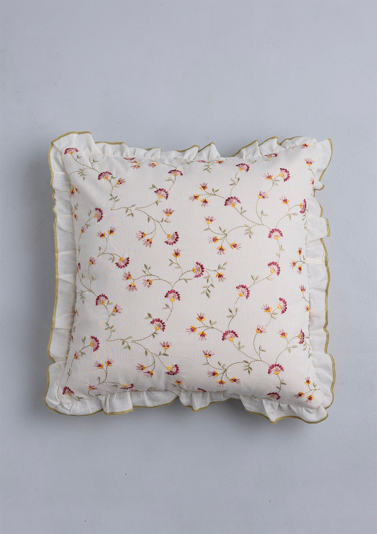 Vaanya 100% Cotton Sheer Embroidered Green and Pink Cushion Cover - 16"