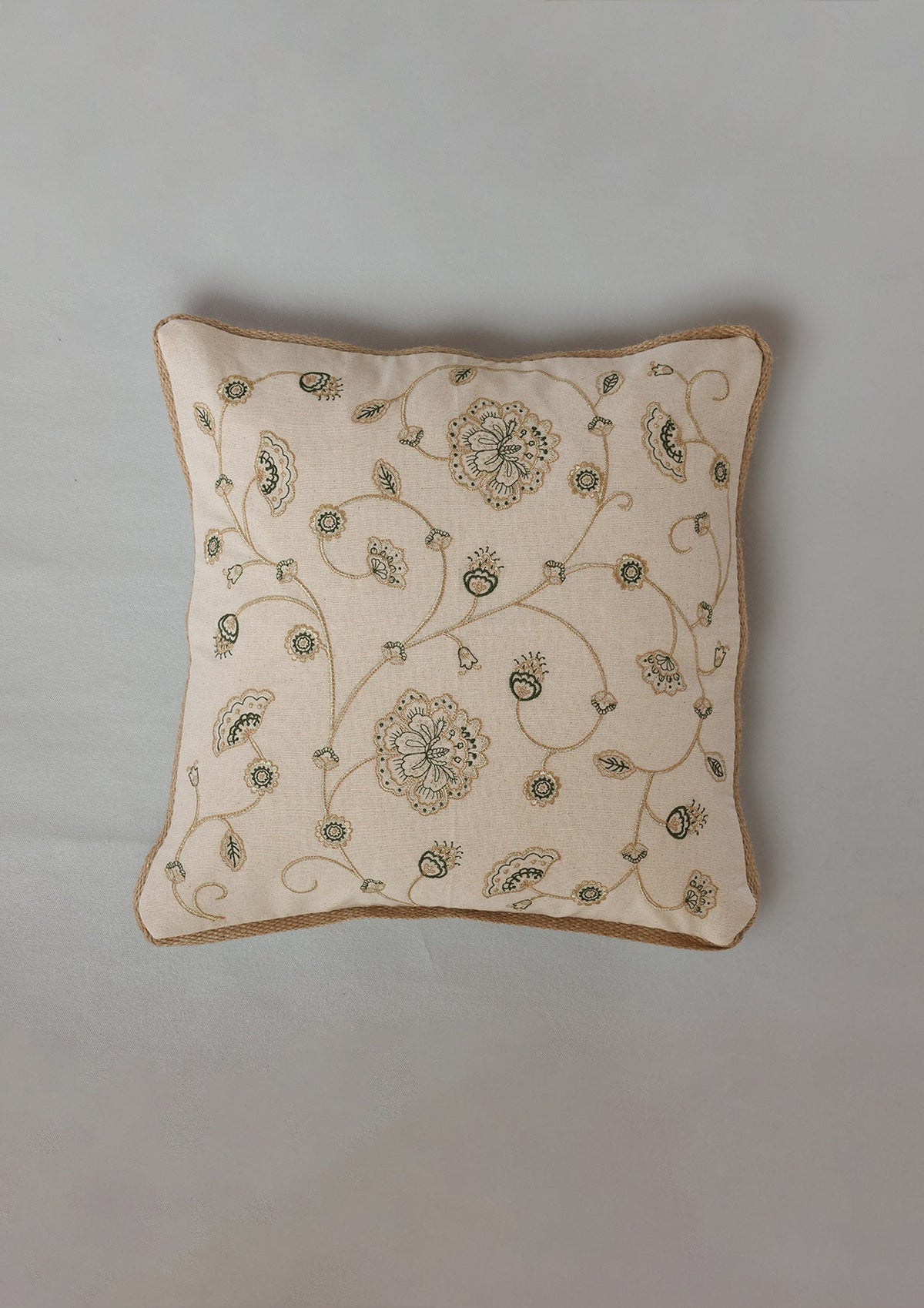 Valli Green & Gold | Gold Embroidered Floral |100% Cotton Cushion Cover For Sofa
