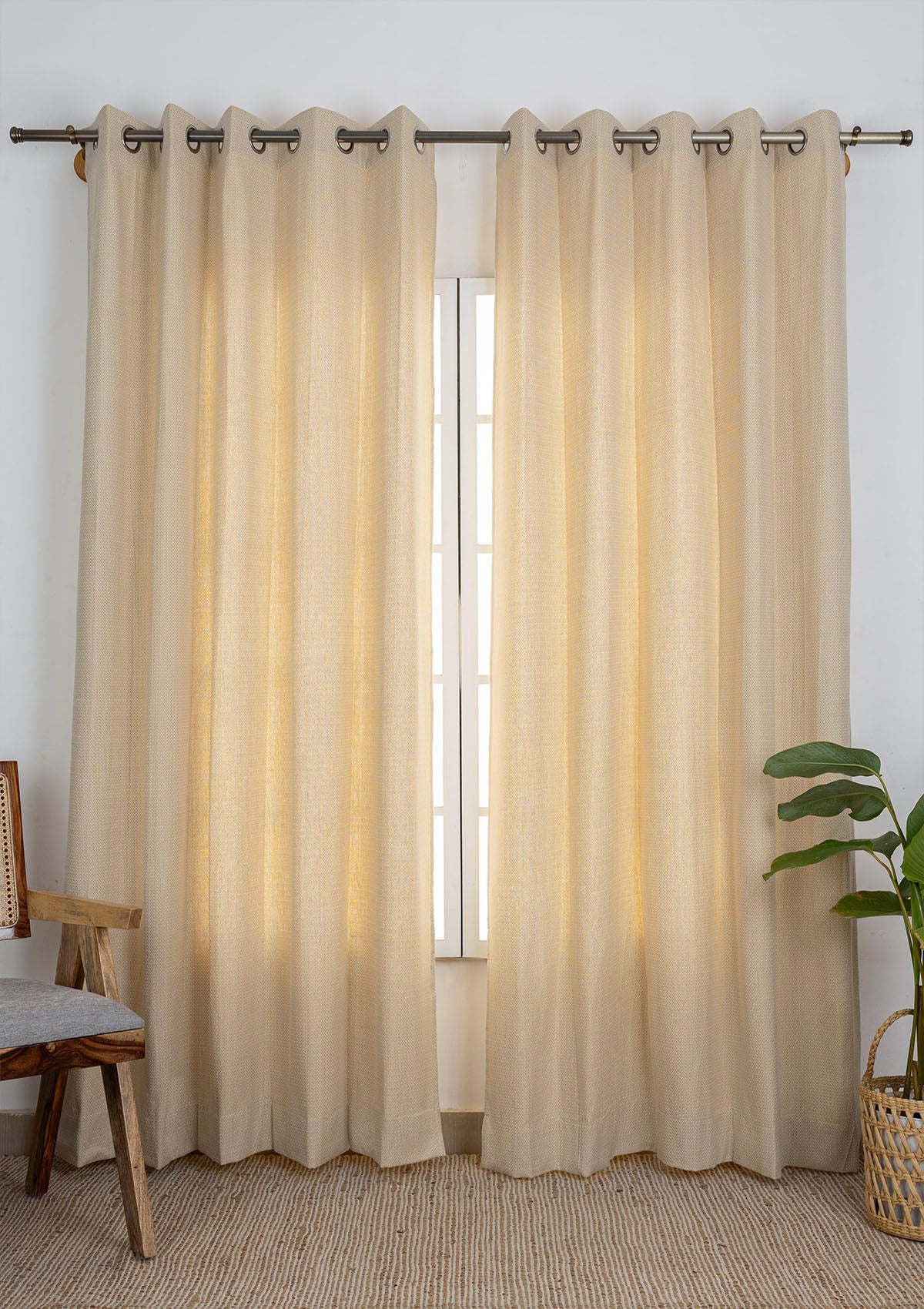 Vanilla Beige Solid Textured 100% Cotton Curtain For Living Room | Room Darkening | Single Piece