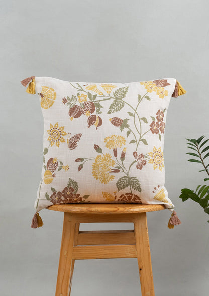 Waltz Printed Floral Pattern 100% Cotton Cushion Cover for Sofa with Tassels - Multicolor