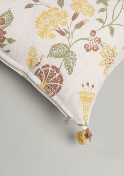 Waltz Printed Floral Pattern 100% Cotton Cushion Cover for Sofa with Tassels - Multicolor