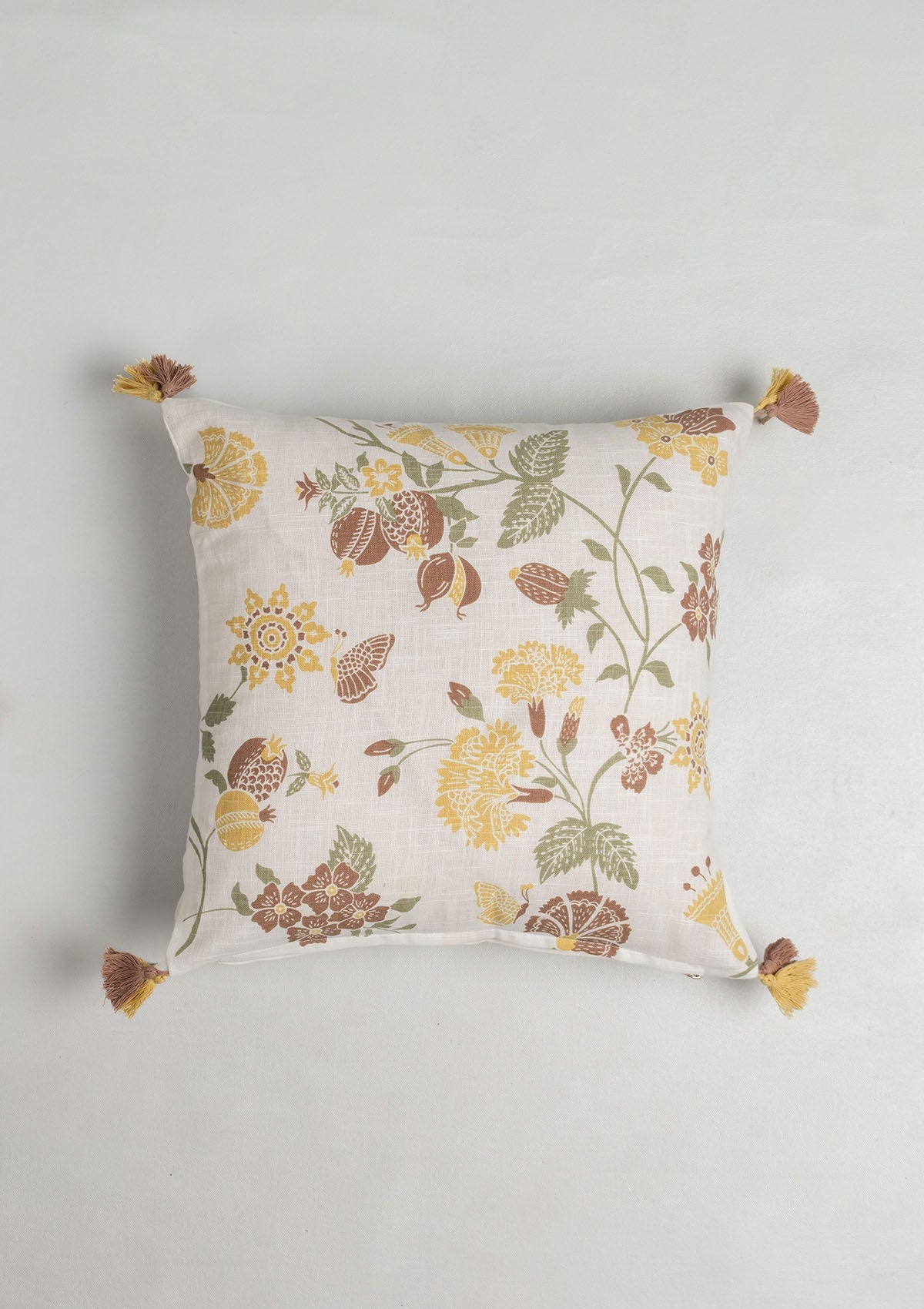 Waltz Printed Floral Pattern 100% Cotton Cushion Cover for Sofa with Tassels - Multicolor