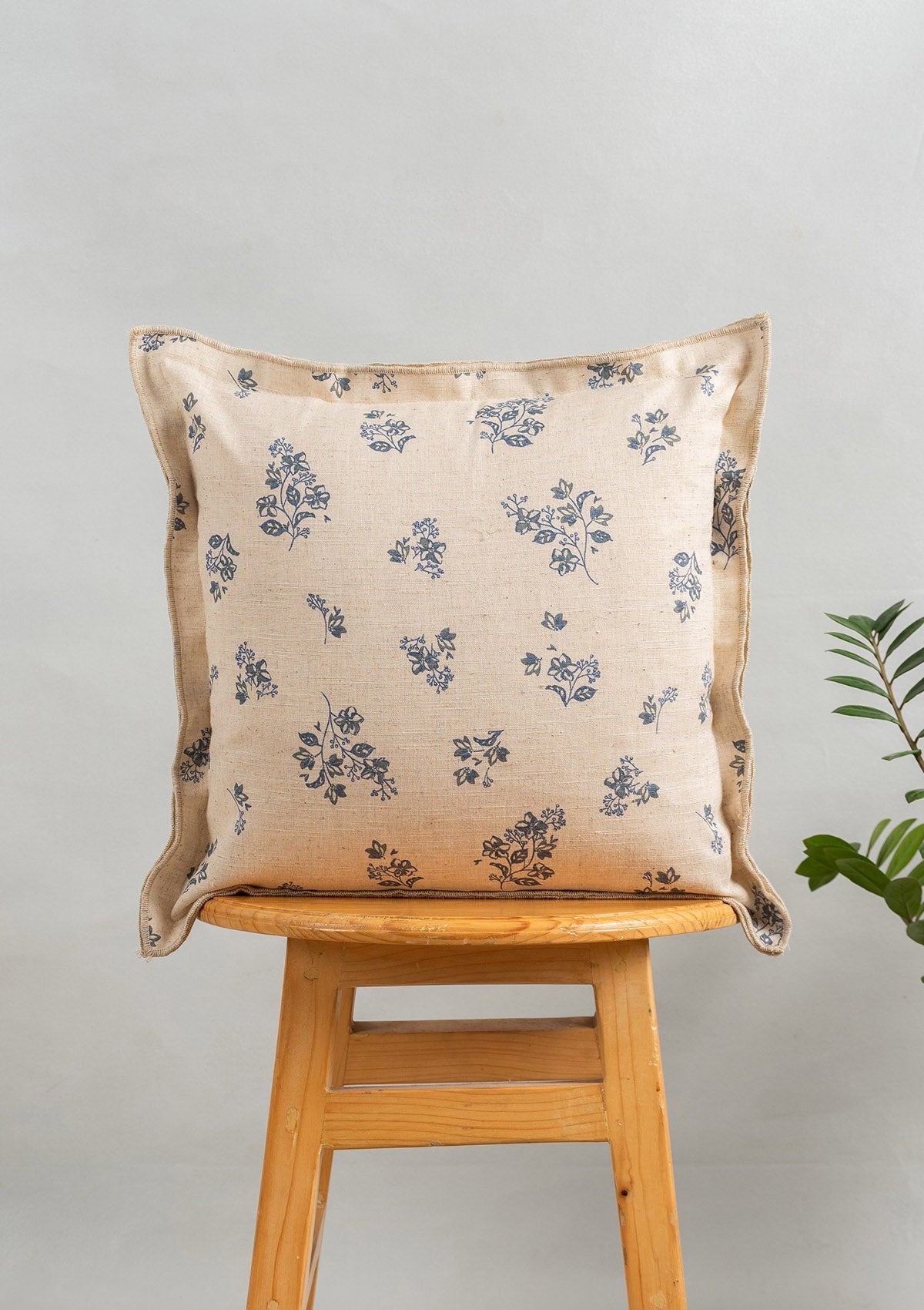Whisper Printed Linen Flower Motif Cushion Cover for Sofa - Blue