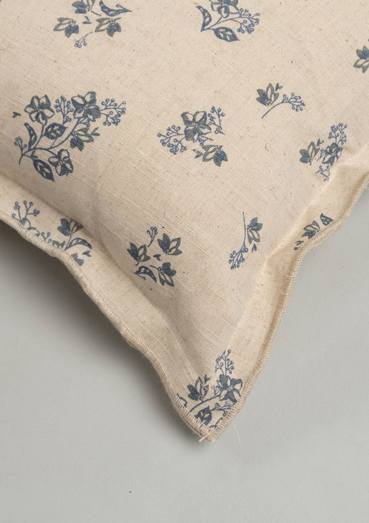 Whisper Printed Linen Flower Motif Cushion Cover for Sofa - Blue