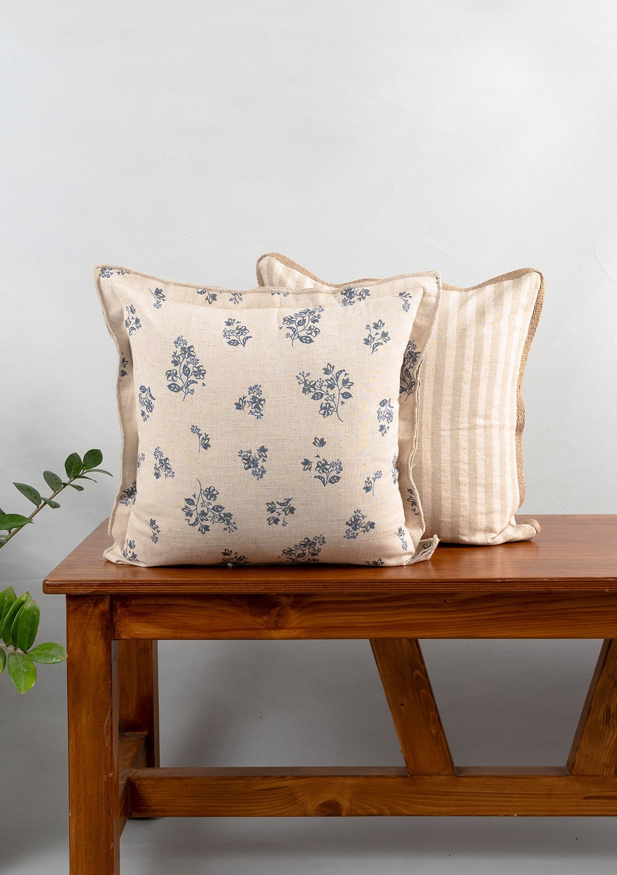 Whisper Printed Linen Flower Motif Cushion Cover for Sofa - Blue