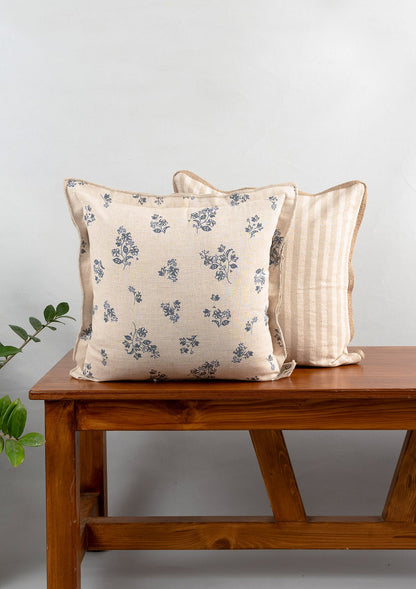 Whisper Printed Linen Flower Motif Cushion Cover for Sofa - Blue