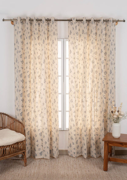 Whisper floral Linen blend cotton curtain for living room - Room darkening - Blue - Single Piece