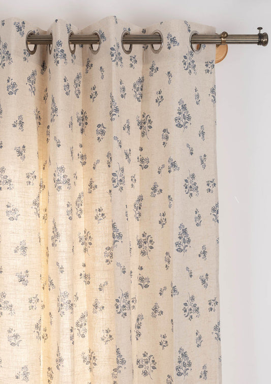 Whisper floral Linen blend cotton curtain for living room - Room darkening - Blue - Single Piece