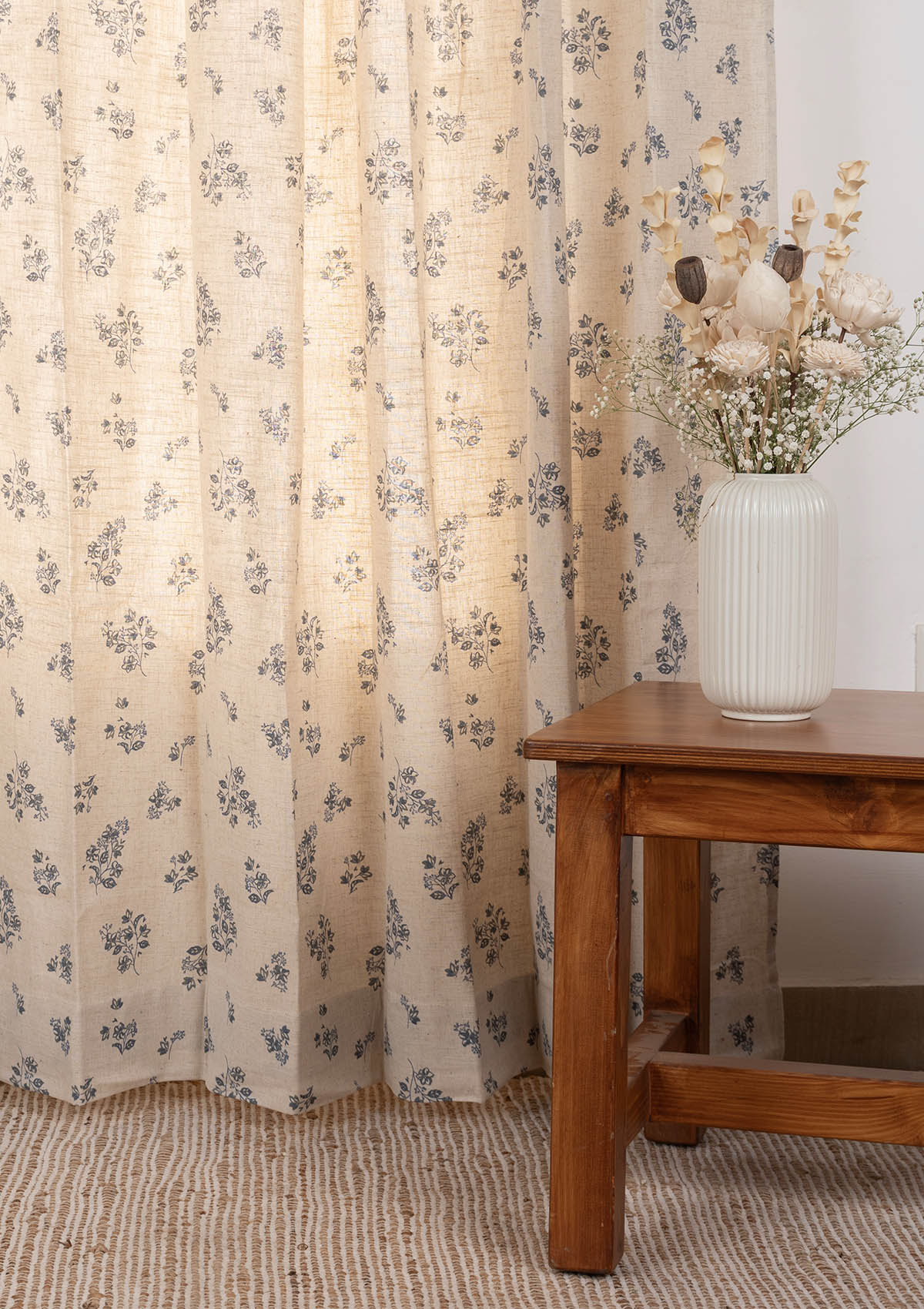 Whisper floral Linen blend cotton curtain for living room - Room darkening - Blue - Single Piece