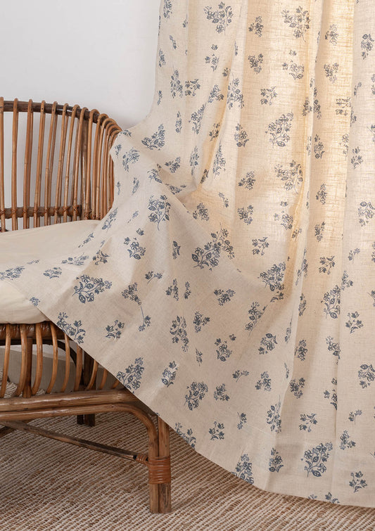 Whisper floral Linen blend cotton curtain for living room - Room darkening - Blue - Single Piece