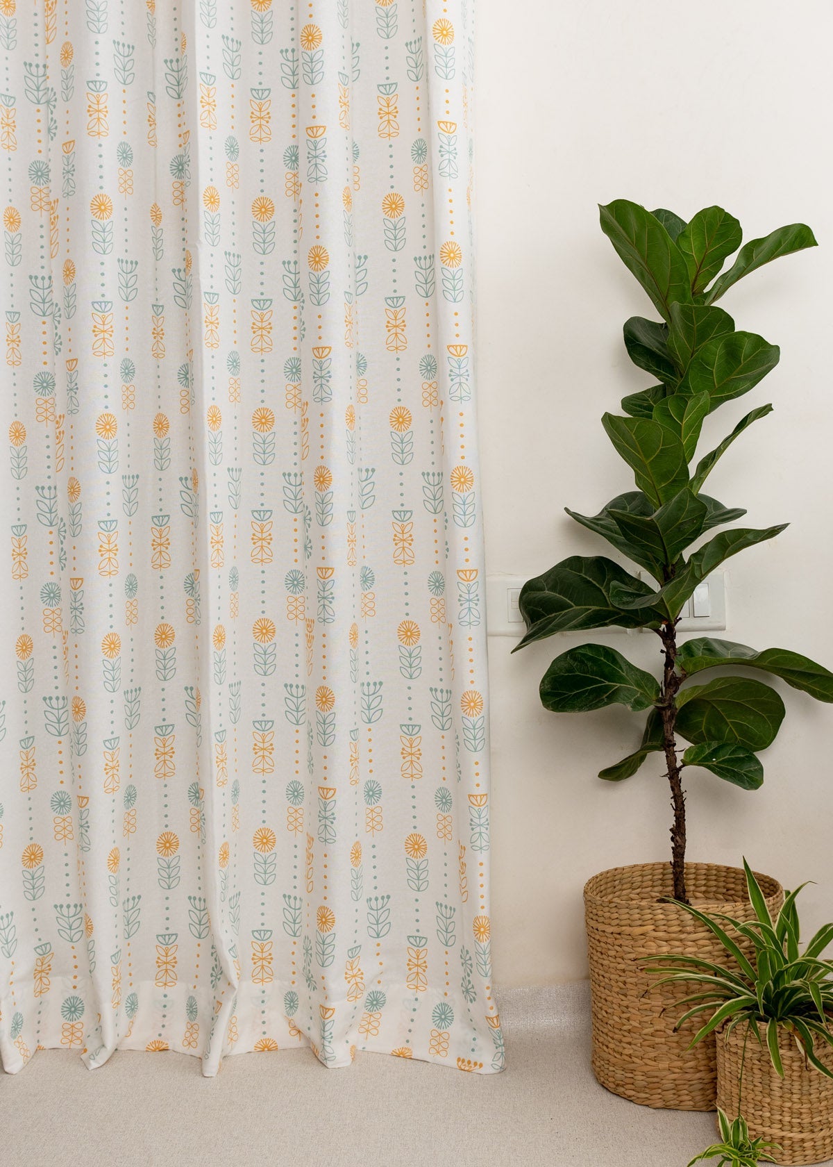 Wild Bouquet 100% cotton floral curtain for Living room & bed room - Light Reduction - Yellow - Single Piece