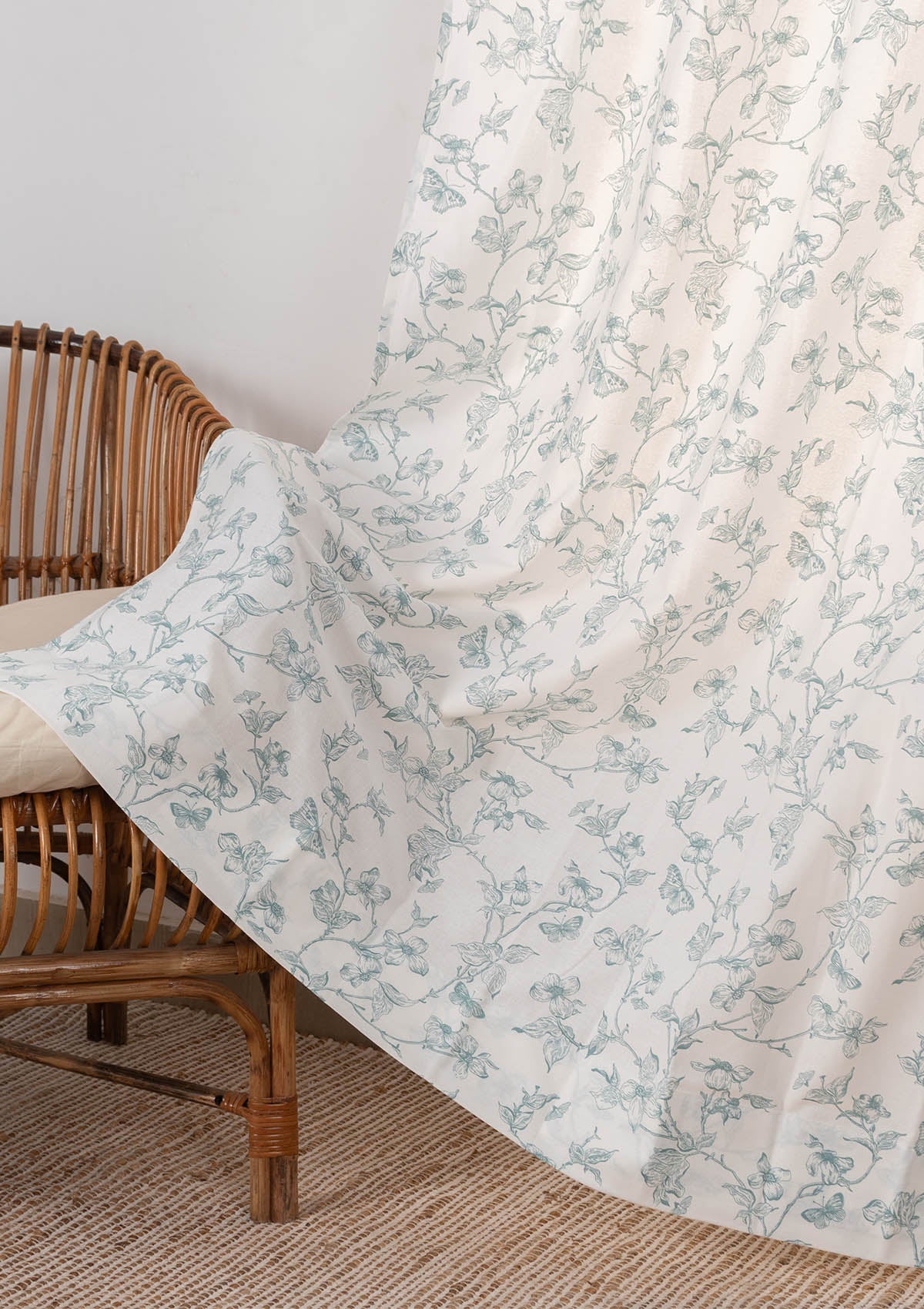 Willow floral 100% cotton curtain for living room - Light Reduction - Nile Blue - Single Piece