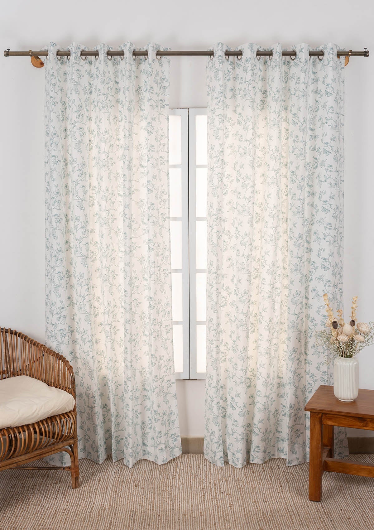 Willow floral 100% cotton curtain for living room - Light Reduction - Nile Blue - Single Piece