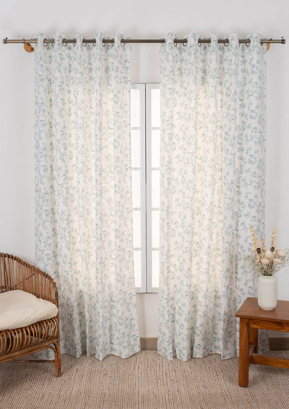 Willow floral 100% cotton curtain for living room - Light Reduction - Nile Blue - Single Piece