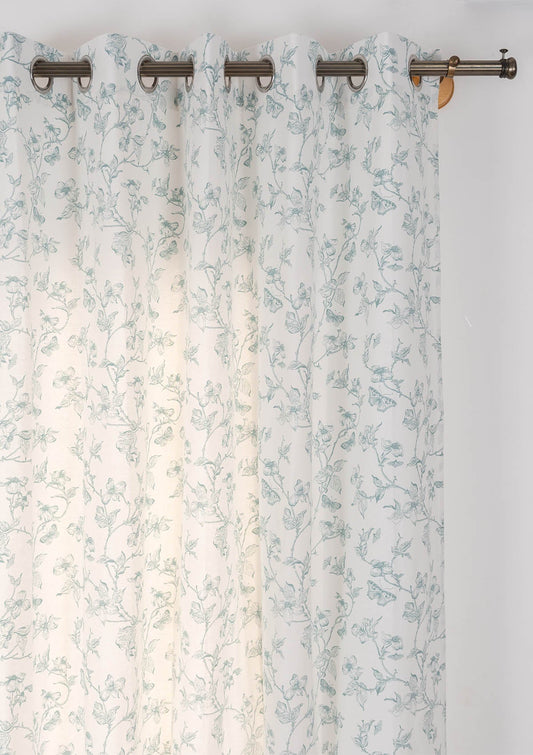 Willow floral 100% cotton curtain for living room - Light Reduction - Nile Blue - Single Piece