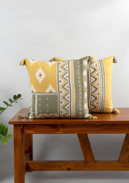Zenith 100% cotton Printed Geometric cushion cover with Tassel for sofa - Yellow