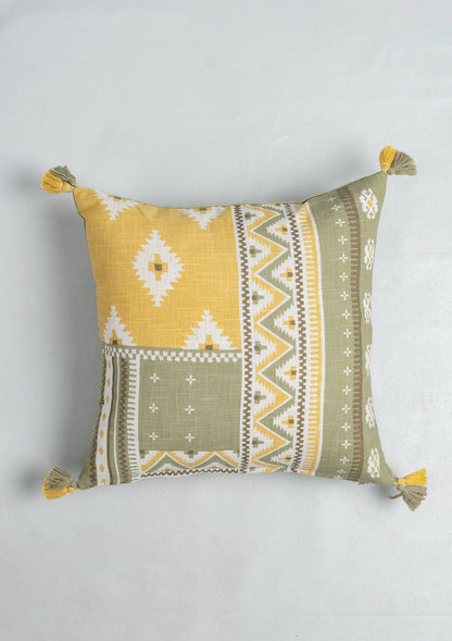 Zenith 100% cotton Printed Geometric cushion cover with Tassel for sofa - Yellow