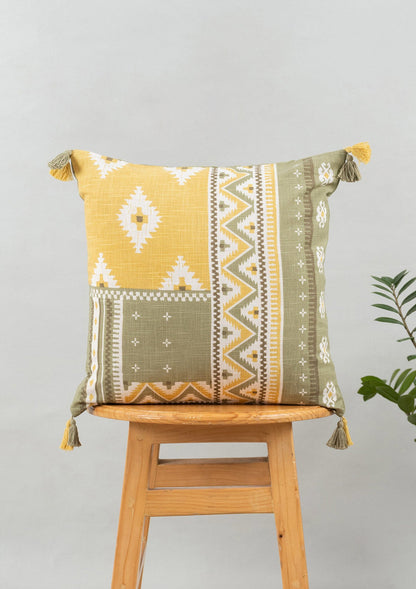 Zenith 100% cotton Printed Geometric cushion cover with Tassel for sofa - Yellow