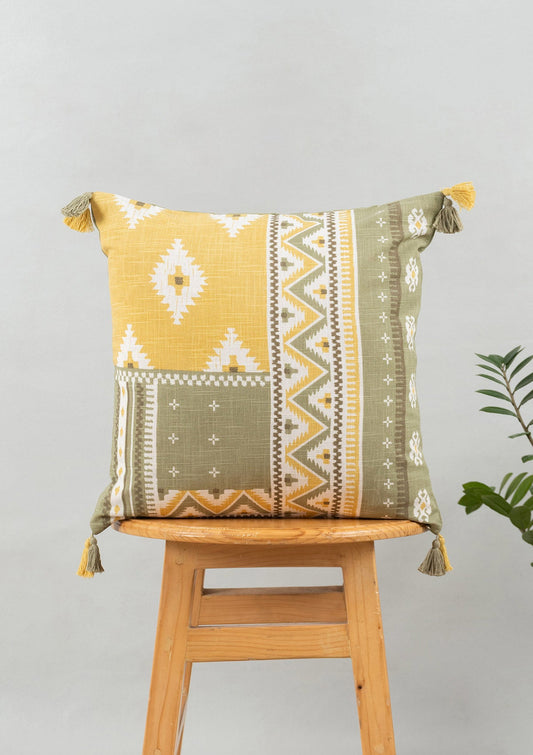 Zenith 100% cotton Printed Geometric cushion cover with Tassel for sofa - Yellow