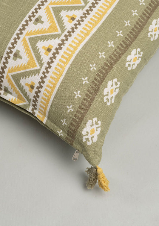 Zenith 100% cotton Printed Geometric cushion cover with Tassel for sofa - Yellow