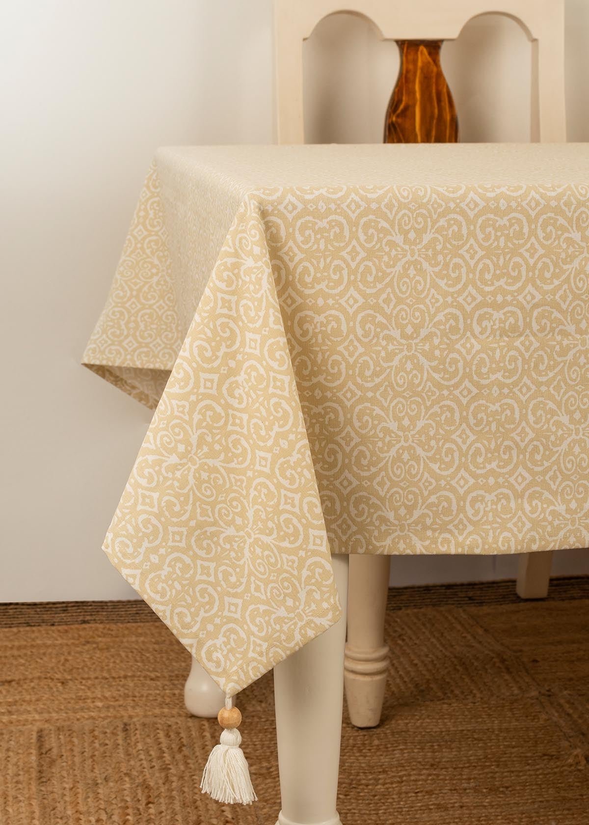 Antique 100% cotton Neutral table cloth with tassel for 4 seater or 6 seater dining - Cream