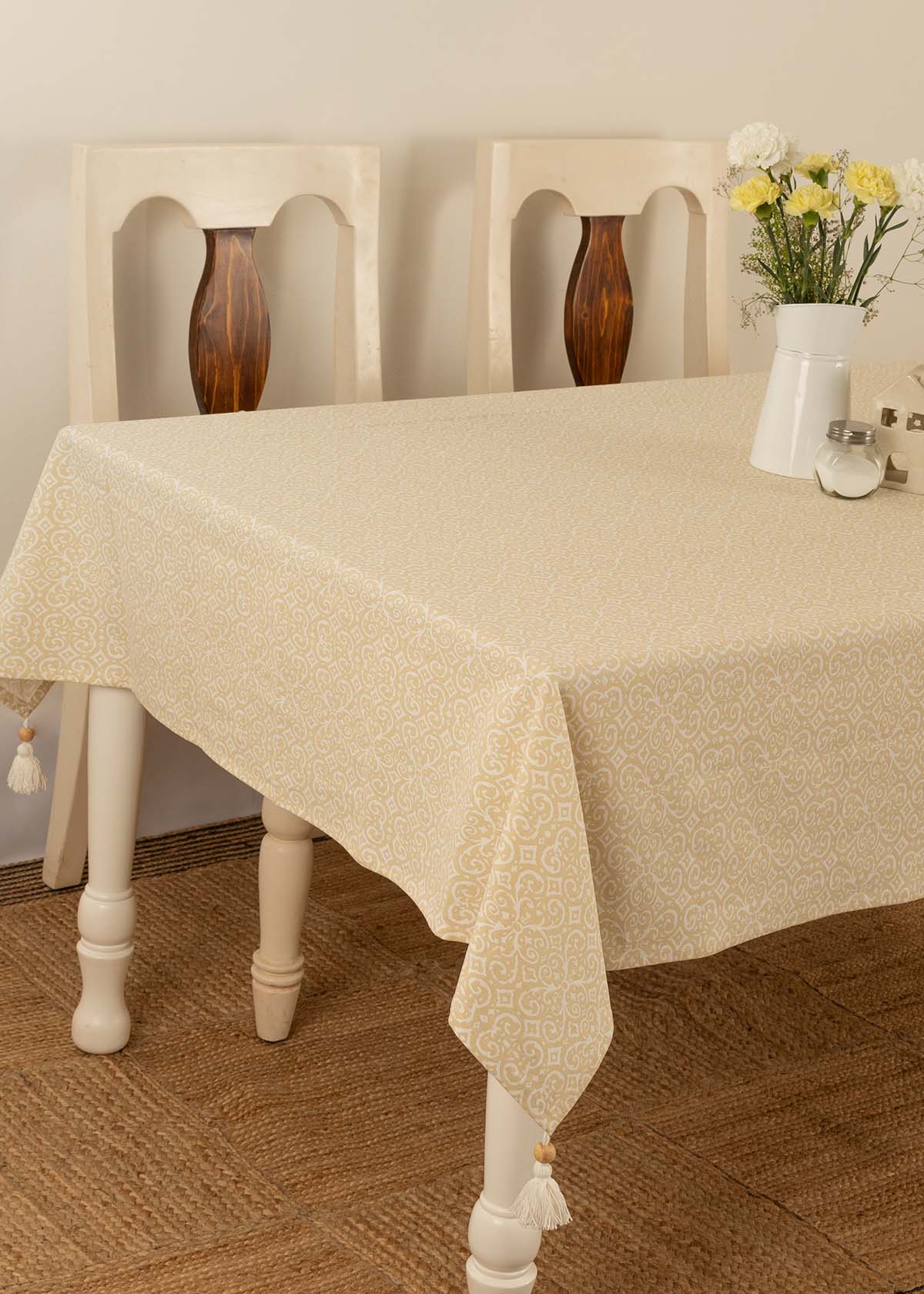 Antique 100% cotton Neutral table cloth with tassel for 4 seater or 6 seater dining - Cream