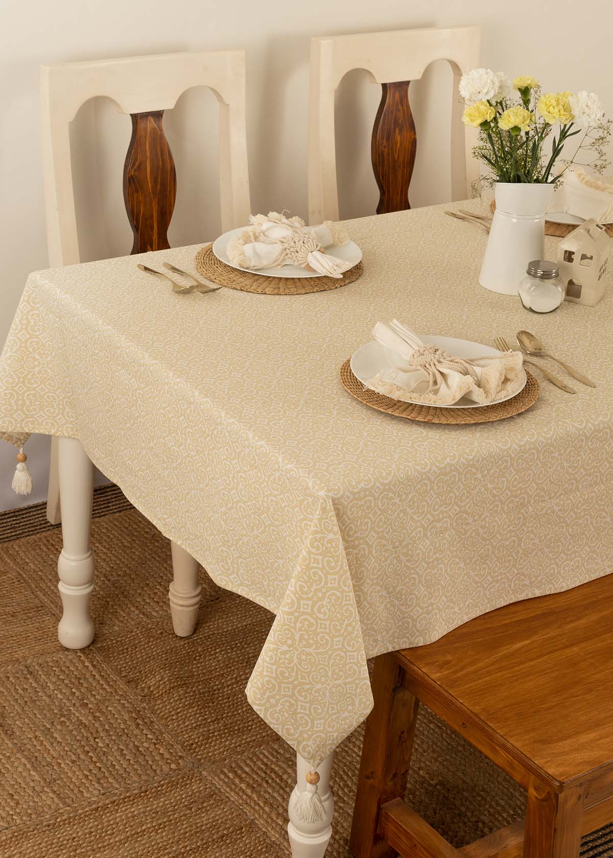 Antique 100% cotton Neutral table cloth with tassel for 4 seater or 6 seater dining - Cream
