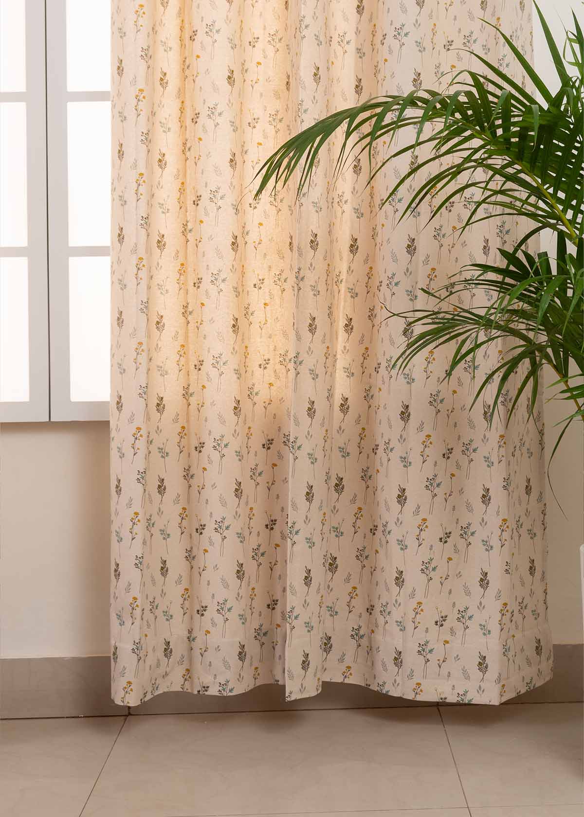 Blooming Meadows Beige 100% cotton floral curtain for living room - Light Reduction - Single Piece