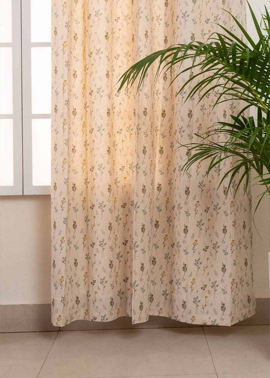 Blooming Meadows Beige 100% cotton floral curtain for living room - Light Reduction - Single Piece