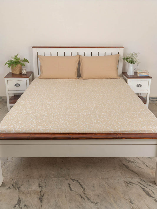 Cherry Blossom Printed Cotton Fitted Sheet - Cream