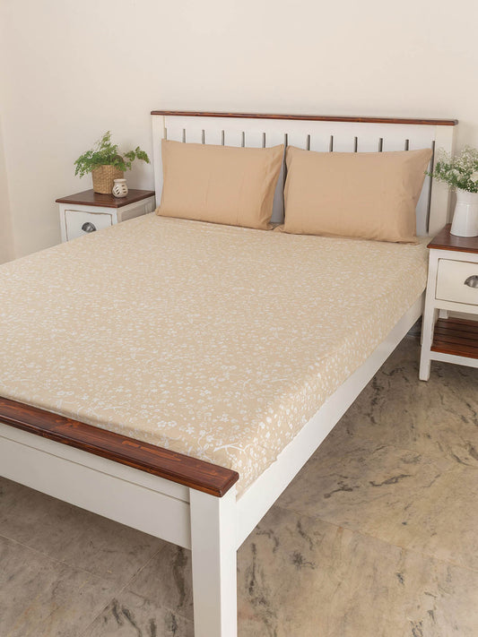 Cherry Blossom Printed Cotton Fitted Sheet - Cream