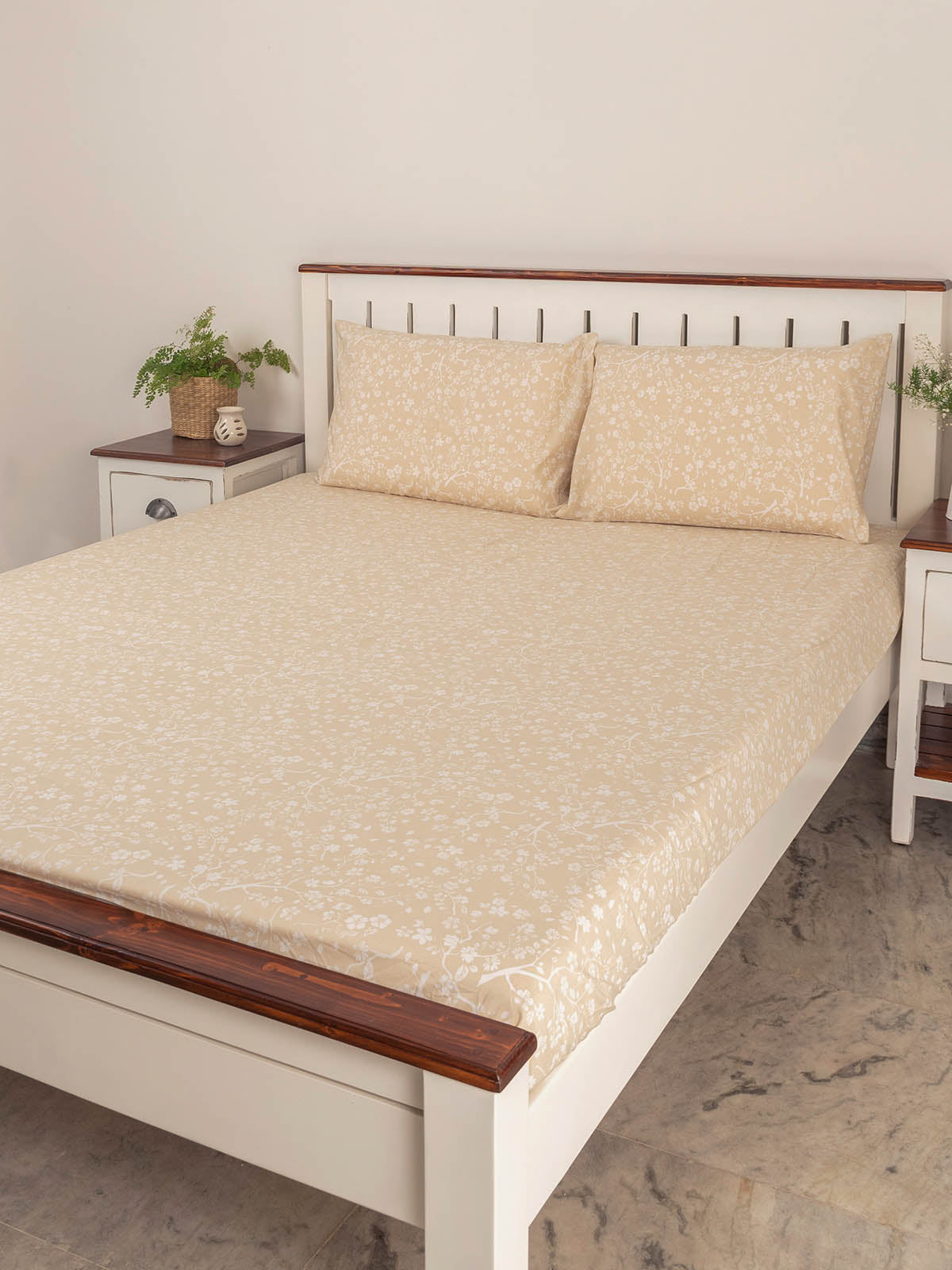 Cherry Blossom Printed Cotton Fitted Sheet - Cream