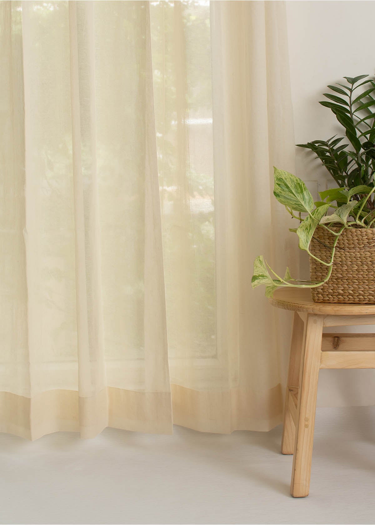 Solid Cream sheer 100% cotton plain curtain for Living room & bedroom - Light filtering - Single Piece