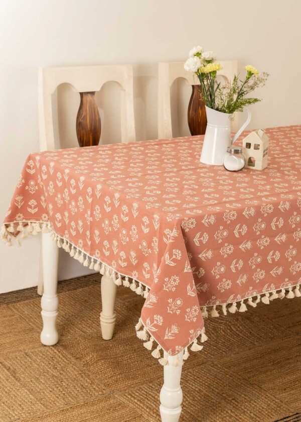 Dahlia Printed 100% cotton floral table cloth for 4 seater or 6 seater dining with tassels - Rust