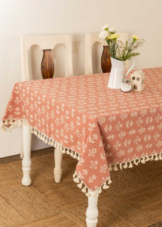 Dahlia Printed 100% cotton floral table cloth for 4 seater or 6 seater dining with tassels - Rust