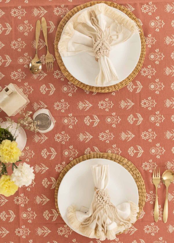 Dahlia Printed 100% cotton floral table cloth for 4 seater or 6 seater dining with tassels - Rust
